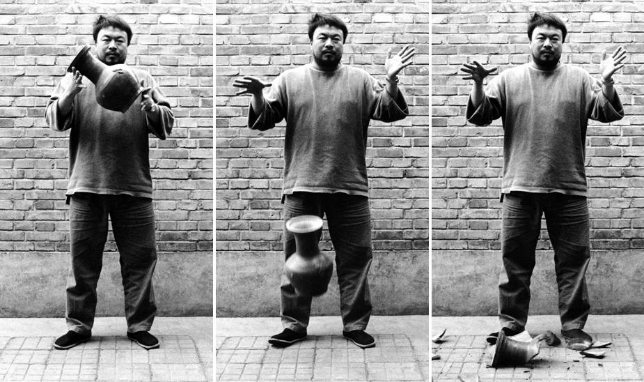 Ai Weiwei, Dropping a Han Dynasty Urn, 1995, Triptych of three gelatin silver prints, 49 5/8” x 39 1/4” each. Private collection, United States.