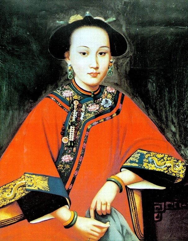 Unknown artist, Portrait of a Young Woman in a Red Dress, Qing Dynasty 18th-19th Century. oil on canvas. Collection of Madame Chiang Kai-shek